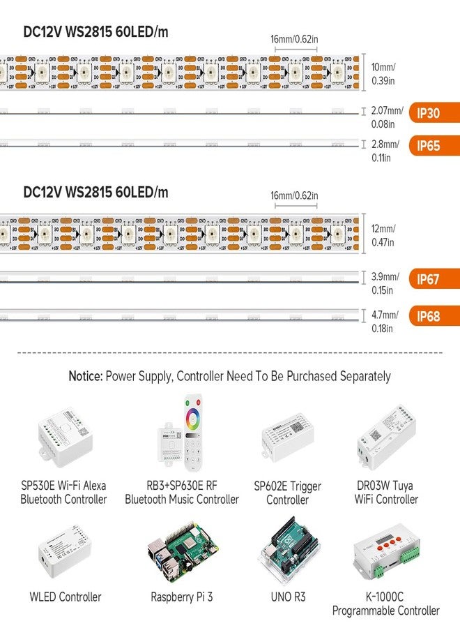 BTF-LIGHTING شريط إضاءة BTF-LIGHTING WS2815 (نسخة مطورة من WS2812B) بطول 16.4 قدم، 300 بكسل، ألوان سحرية قابلة للتحكم بشكل فردي، RGB LED مرن، 5050 SMD، إشارة مزدوجة، مقاوم للماء بمعيار IP67، يعمل بجهد 12 فولت تيار مستمر، لوحة دوائر مطبوعة بيضاء - Image 3